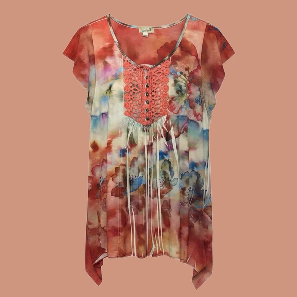 One World Tunic Top Women XL Coral Floral Crochet BOHO Artsy Short Sleeve